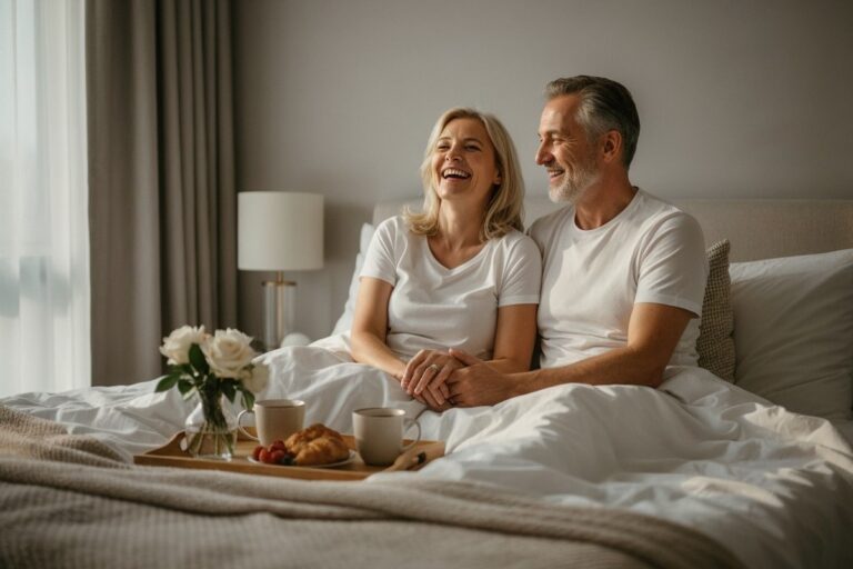 Couple mature redécouvrant la complicité et l'intimité avec un moment tendre au petit-déjeuner