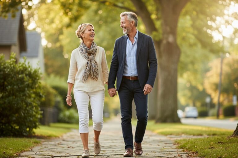 Couple de seniors actifs et épanouis se promenant — bien couverts par leur mutuelle santé après 50 ans