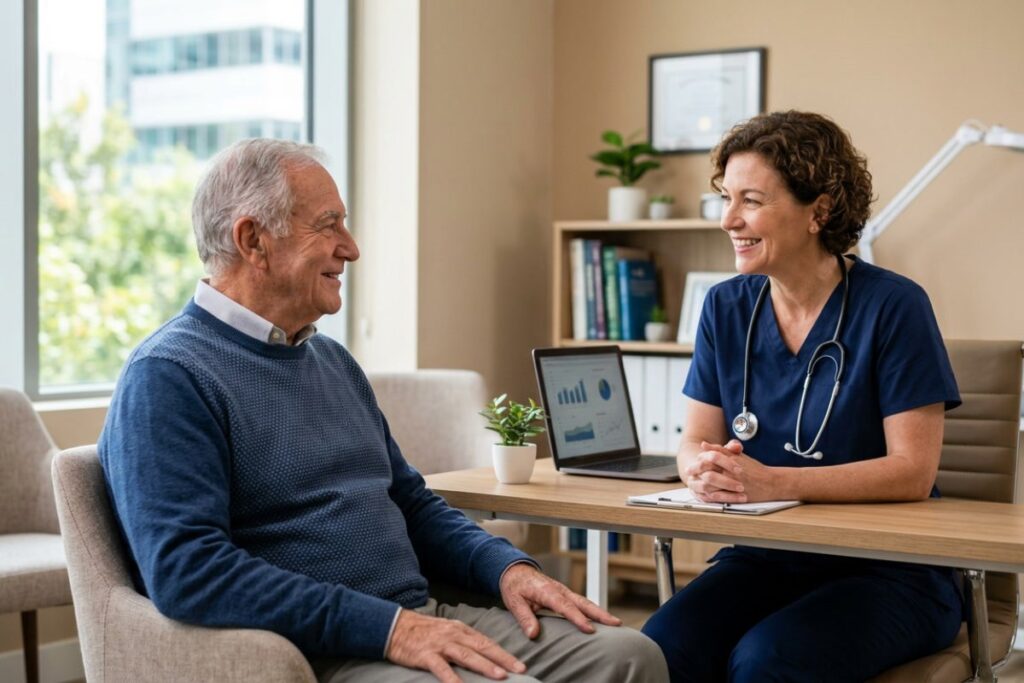 Senior en consultation médicale pour rever crise cardiaque - accompagnement et conseils santé